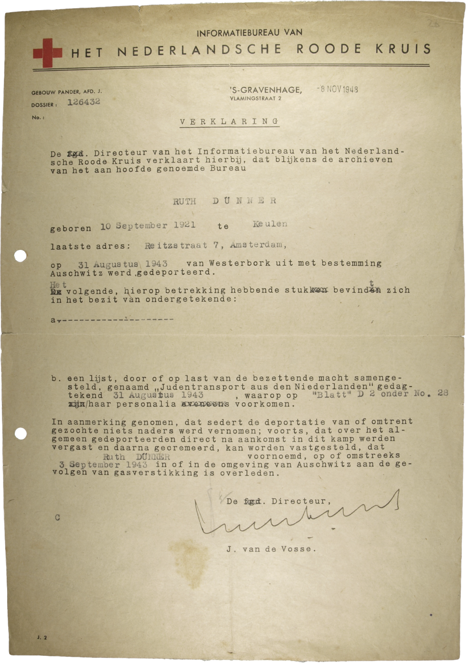 Erklärung, Rotes Kreuz, Ermordung Ruth Dünner, 1948