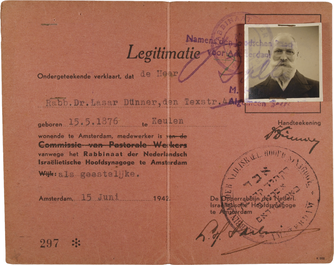 Rabbiner Lasar Dünner, Tätigkeitsbescheinigung, Amsterdam, 1942