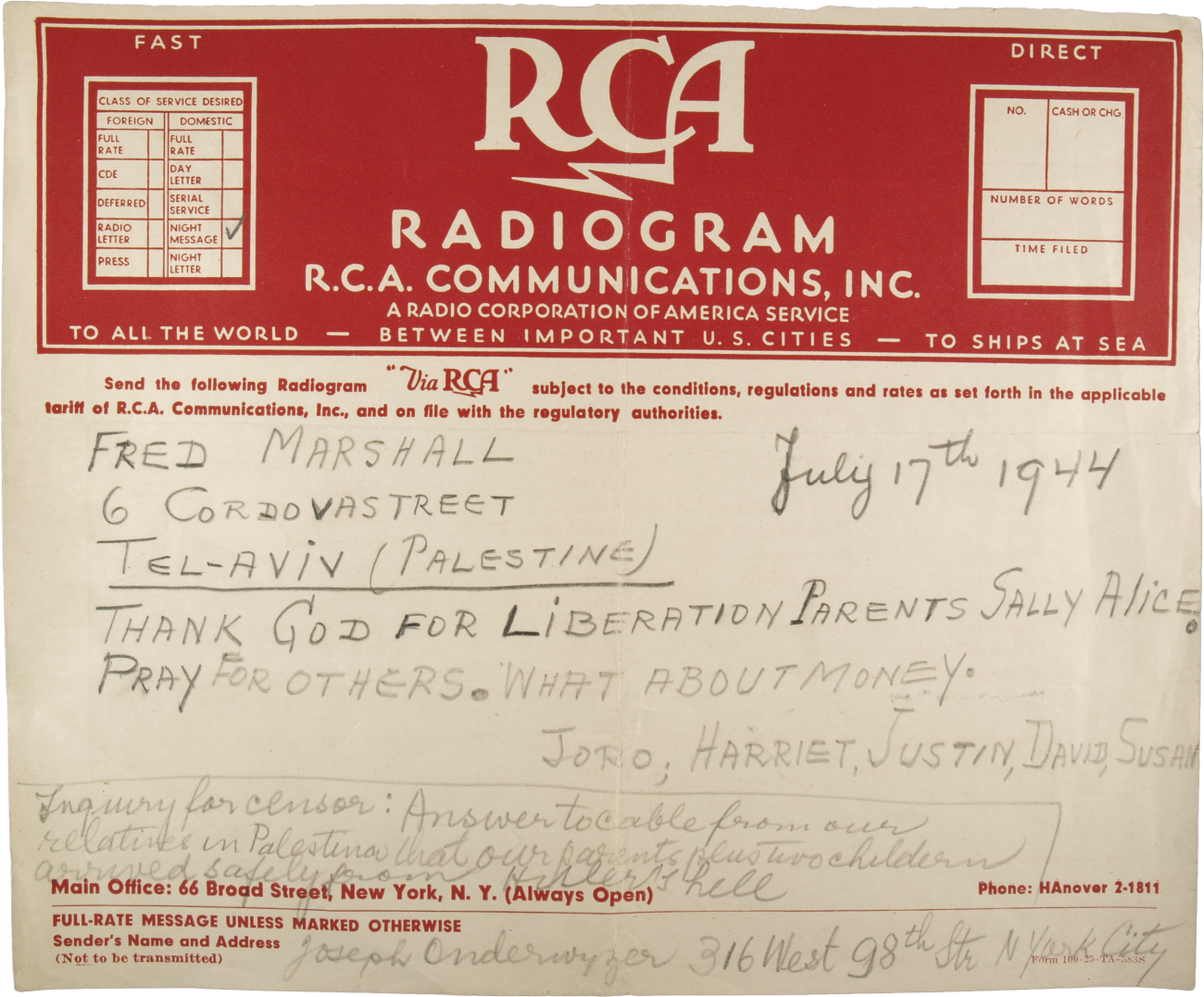 Austauschaktion 1944, Radiogramm (New York - Tel Aviv)